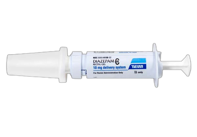 A pre-filled diazepam rectal gel applicator: a syringe-style barrel with a plunger at one end and a rounded tip at the other.