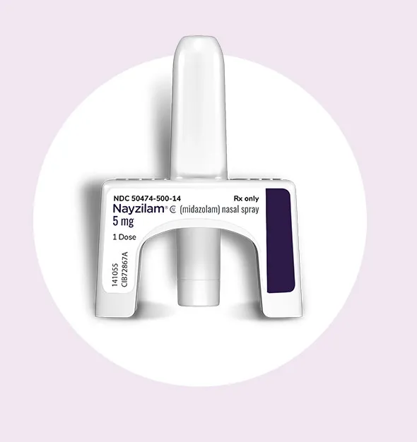 A single-use Nayzilam midazolam nasal spray device: a white nozzle above a U-shaped plunger labelled 5 mg.