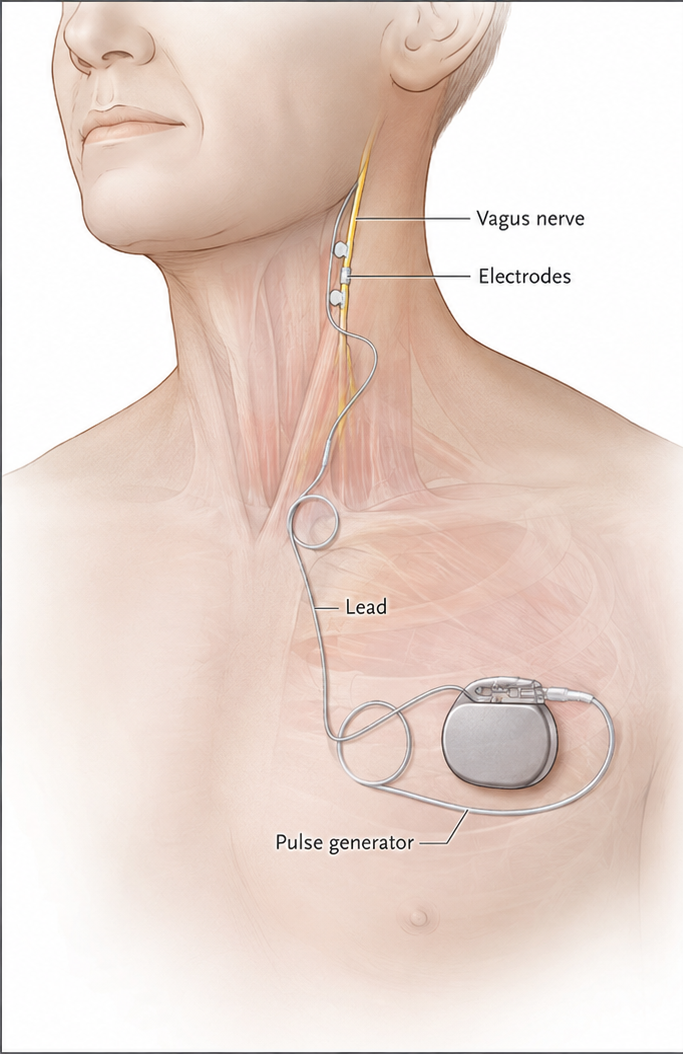 Diagram showing the vagus nerve stimulation system, with electrodes around the vagus nerve in the neck, a lead running down to a pulse generator implanted in the upper chest.